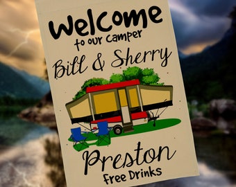 Welcome to our Camper Personalized Garden Flag, RV Gift, Pop-Up Camper, Camp Sign, Tent Trailer Flag, Camp Gift, Camping Decor