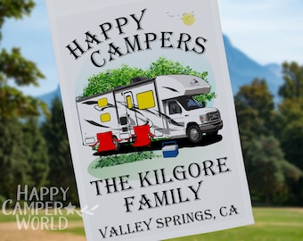 Happy Campers, Personalized Class C Motorhome Camp Flag, Camping Sign, Campsite Flag, Motor Home Decor, Cabover Camper, Campground Sign, RV