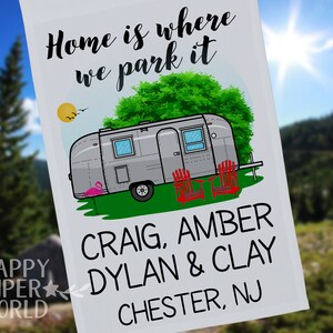 Ready to Ship, Home is Where We Park It, Personalized Airstream Camping Flag or Wall Hanging, Campsite Sign, Stand NOT Included