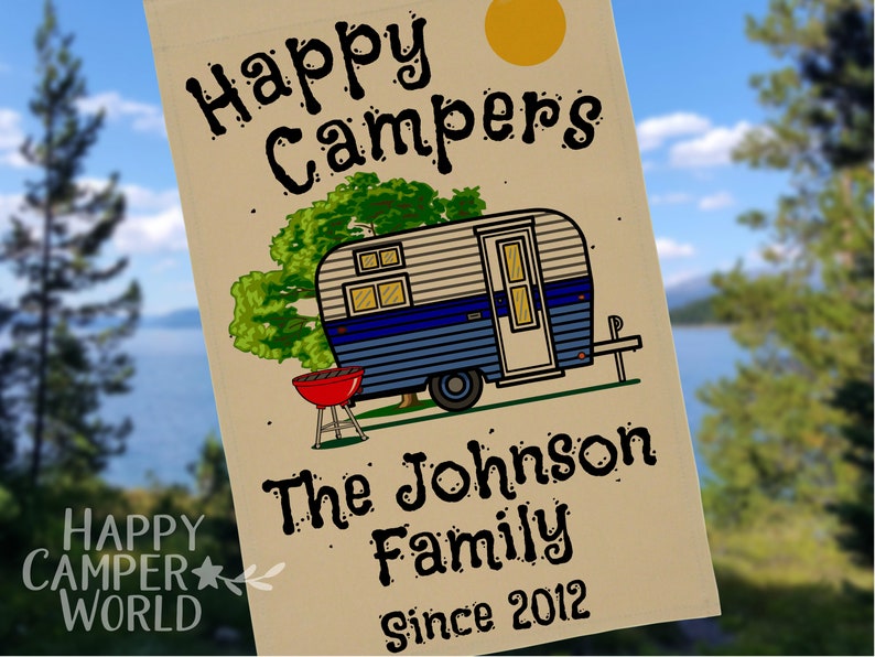 Personalized Happy Campers Camping Flag with Vintage Camper and 3 Lines of Your Custom Text, Tan Fabric Blue
