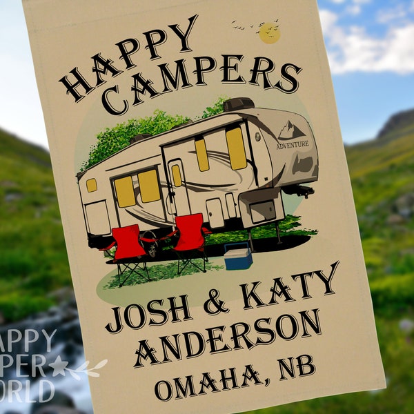 Happy Campers Personalized 5th Wheel Camp Flag, Large Fifth Wheel Campsite Flag, RV Gift, 5th Wheel Camp Sign, RV Decor, Campsite Decor