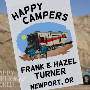 Happy Campers Personalized Toy Hauler 5th Wheel Camping Flag, Toy Hauler Travel Trailer, Fifth Wheel Camp Sign, White Campsite Garden Flag