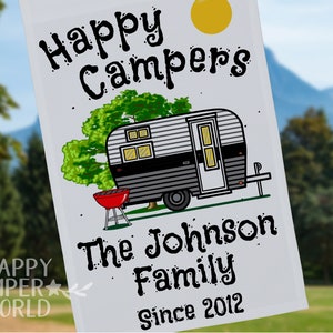 Personalized &quot;Happy Campers&quot; Campsite Flag with Vintage Camper and 3 Lines of Your Custom Text, on White Fabric