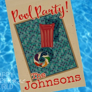 May include: A tan-coloured pool party sign with a blue and green tiled pool, a red inflatable raft, and a colourful inflatable ring. The text "Pool Party!" is in red and the text "The Johnsons" is in red at the bottom of the sign.