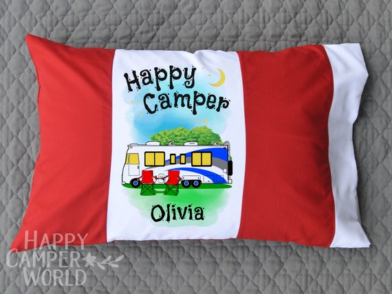 Happy Camper Personalized Class A Motorhome Pillowcase Red and White Custom Motor Home Pillow Case Camping Pillowcase Personalized Gift