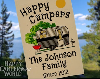 Personalized "Happy Campers" Camping Flag with Vintage Camper and 3 Lines of Your Custom Text, Tan Fabric