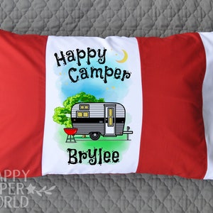 Happy Camper Pillowcase \u2022 Personalized Camp Pillow case \u2022 Decorative Personalized Pillowcase \u2022 Camping Gear \u2022 Camp Birthday Party Gift