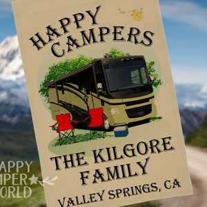 Happy Campers, Personalized Class A Motorhome Camp Flag, Campsite Flag, RV Decor, Camping Sign, Motor Home Decor, Camp Banner, Campsite Sign
