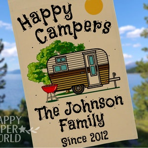 Personalized Happy Campers Camping Flag with Vintage Camper and 3 Lines of Your Custom Text, Tan Fabric image 6