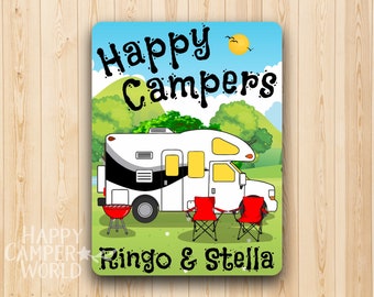 Personalized Aluminum Wall Sign, Happy Campers, Class C Motor Home in choice of 6 colors, Measures 12"H X 9"W