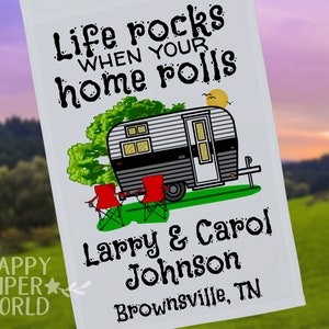 Life Rocks When Your Home Rolls, Personalized Vintage Trailer Campsite Flag, Camping Banner, Camp Sign, Camp Decoration, Trailer Decor
