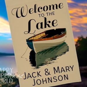 Personalized Welcome To the Lake Garden Flag, Lake House or Camping by the Lake, Tan or White  Weather Resistant Outdoor Fabric, 12.5&quot; x 19&quot;