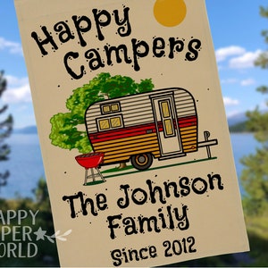 Personalized Happy Campers Camping Flag with Vintage Camper and 3 Lines of Your Custom Text, Tan Fabric image 2