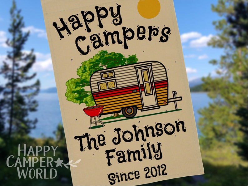 Personalized Happy Campers Camping Flag with Vintage Camper and 3 Lines of Your Custom Text, Tan Fabric image 2