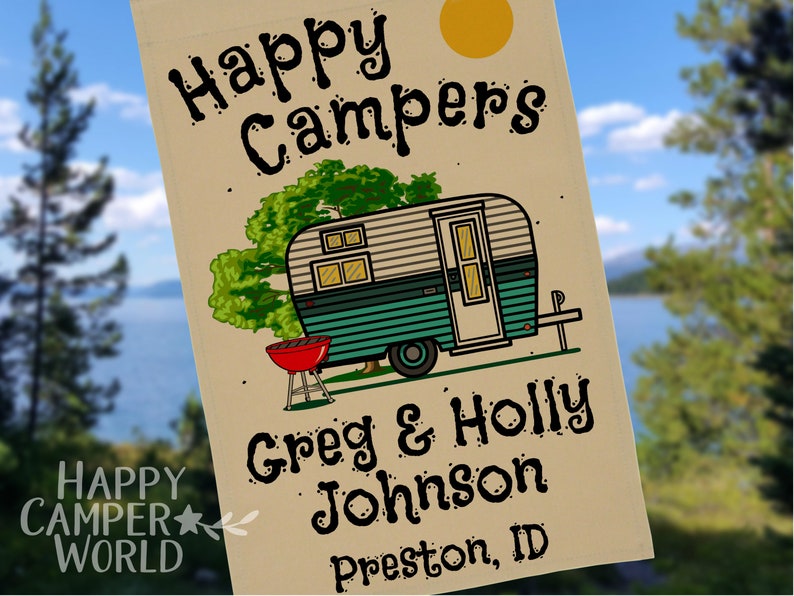 Personalized Happy Campers Camping Flag with Vintage Camper and 3 Lines of Your Custom Text, Tan Fabric Turquoise