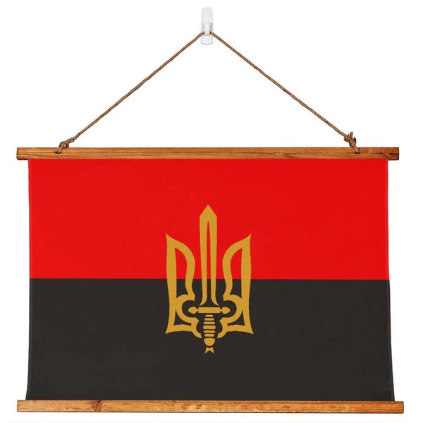 Stylized Tryzub And Red-Black Flag - 36" x 26" Wood Framed Wall Tapestry, Ukrainian Insurgent Army, Ukraine, Ukrainian Trident