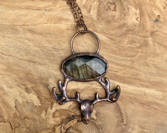 Labradorite necklace, Witchy pendant, Copper Anniversary, Witchy Jewelry, Antler Necklace, Labradorite Pendant