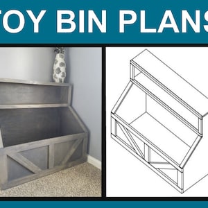 Pode incluir: Uma caixa de brinquedos de madeira cinza com uma prateleira no topo. A caixa tem um design decorativo em forma de X na frente. A caixa é mostrada em um quarto com uma parede cinza e um vaso com flores na prateleira. Um desenho de linha da caixa de brinquedos é mostrado no lado direito da imagem.