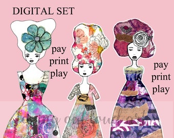 Puede incluir: Conjunto digital de tres muñecas de papel con diseños de collage coloridos. Las muñecas están vestidas con vestidos morados, rosas y azules con acentos florales y estampados. El texto "Paper Doll Set #13" y "3 muñecas de papel en collage" es visible en la parte inferior de la imagen.