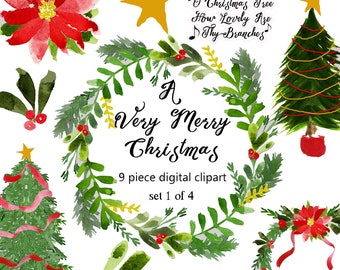 Christmas  Clip Art, Holiday Greenery,  Art Journaling and Scrapbooking Elements, Digital, Holiday Art, Christmas Tree, Wreath, Mistletoe