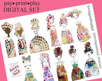 Collage Paper Doll Sticker Set #2  Mixed Media Paper Dolls Stickers     DIGITAL COPY