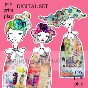 Paper Dolls Collage Sheet Art Dolls Set #12  Mixed Media Paper Dolls Art Journal Fodder Collage Fodder Girls Junk Journal DIGITAL PRINTABLE