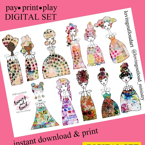 Collage Paper Doll Sticker Set #2  Mixed Media Paper Dolls Stickers     DIGITAL COPY