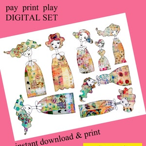 Set di adesivi per bambole di carta collage 2 adesivi per bambole di carta con tecniche miste COPIA DIGITALE