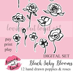 Black Inky Blooms Papaveri Rose Fiori Fogliame Steli floreali COPIA DIGITALE
