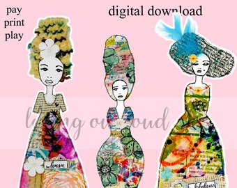 Paper Dolls Collage Sheet Art Dolls Set #14 Mixed Media Paper Dolls Art Journal Fodder Collage Fodder Girls Junk Journal Victorian Dolls