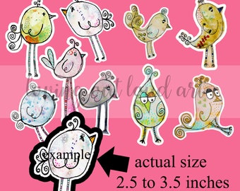 May include: Set of seven watercolor and doodled bird illustrations. The birds are colorful and whimsical, with a variety of shapes and sizes. The set includes a variety of colors, including yellow, green, blue, pink, and brown. The birds are approximately 2.5 to 3.5 inches tall. The text "Quirky Birdies Set" and "7 watercolor & doodled birdies" is included in the image.