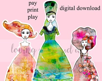 Puede incluir: Un conjunto de tres muñecas de papel digitales, cada una con un estilo único de acuarela y ropa colorida. Las muñecas están listas para imprimirse y jugar. El texto "Paper Dolls Set 15" y "3 Painted Paper Dolls" está incluido en la imagen.