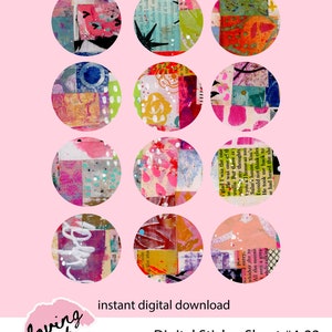 Digital Sticker Set #4-22   2.5 Circles Mixed Media Round Art Digital Stickers Set of 12 Digital Printable Artsy