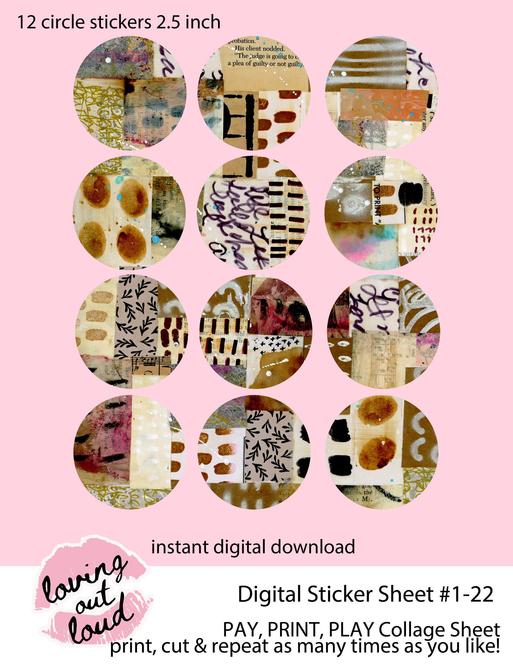 Digital Sticker Set 1-22 2.5 Circles Mixed Media Round Art - Etsy