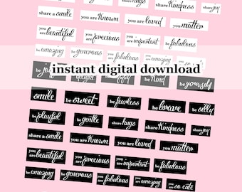 May include: A pink background with black text in a variety of fonts. The text includes phrases like "be joyful", "be sweet", "share a smile", "you are beautiful", "you are precious", "you are fabulous", "be amazing", "be generous", "be kind", "be brave", "be silly", "share hugs", "share kindness", "share joy", "you are known", "you are loved", "you matter", "you are important", "you are so cute". The text is arranged in a grid pattern. The words "loving out loud" are written in a pink heart shape at the bottom of the image. The words "56 word snippets to inspire & encourage" are written in black text below the heart.