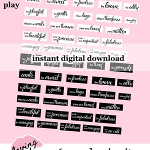 May include: A pink background with black text in a variety of fonts. The text includes phrases like "be joyful", "be sweet", "share a smile", "you are beautiful", "you are precious", "you are fabulous", "be amazing", "be generous", "be kind", "be brave", "be silly", "share hugs", "share kindness", "share joy", "you are known", "you are loved", "you matter", "you are important", "you are so cute". The text is arranged in a grid pattern. The words "loving out loud" are written in a pink heart shape at the bottom of the image. The words "56 word snippets to inspire & encourage" are written in black text below the heart.