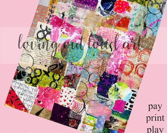May include: A digital collage sheet with a colorful, abstract design. The sheet features a variety of textures, patterns, and colors, including pink, blue, green, and yellow. The text "loving out loud art" is visible in the center of the sheet. Collage Sheet # 29 and 1 DIGITAL DOWNLOAD are also visible.