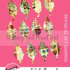 May include: A set of 12 collage leaves, each leaf is a unique design with a vintage aesthetic. The leaves are printed on a white background and are ready to be used for crafting projects.