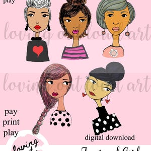 May include: A digital download graphic featuring six hand-drawn and colored clipart girls. Each girl has a unique hairstyle and outfit, with a pink background and the words "Journal Girls" at the bottom.