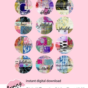 Digital Sticker Set #8-22 with Words  2.5 Circles Mixed Media Round Art Digital Stickers Set of 12 Digital Printable Artsy