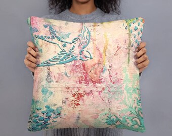 Shabby Chic Bird Throw Pillow Artistic Decorative Pillow Turquoise and Pink Boho Throw Pillow Swallow abstract art