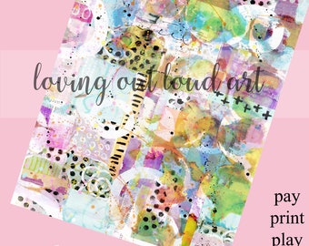 May include: A digital collage sheet with a colorful abstract design featuring circles, dots, stripes, and geometric shapes. The text "loving out loud art" is visible in the center of the image. The sheet is labeled "Morphed Collage Sheet #34" and "1 DIGITAL DOWNLOAD".