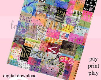 May include: A colorful collage sheet with various abstract designs, including splatters, stripes, and patterns. The sheet is labeled "Collage Sheet #3-25" and measures 8.5x11 inches. The words "pay print play" and "digital download" are also visible.