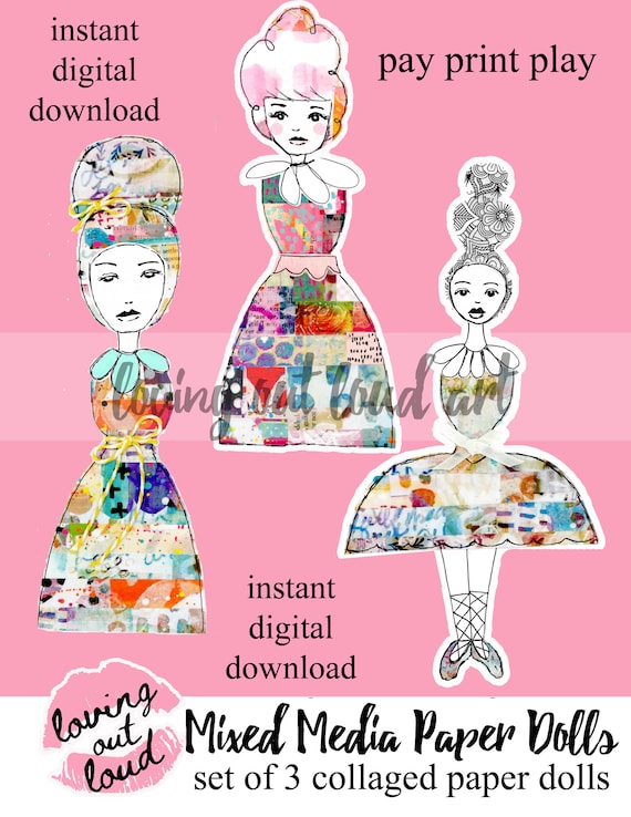 Paper Dolls Collage Sheet Art Dolls 3 Mixed Media Paper Dolls Etsy