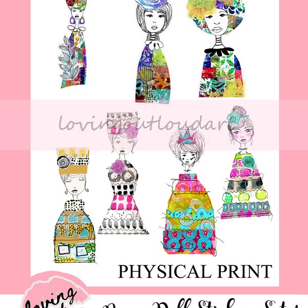 Collage Paper Doll Sticker Set 1  Mixed Media Paper Dolls Stickers PHYSICAL COPY