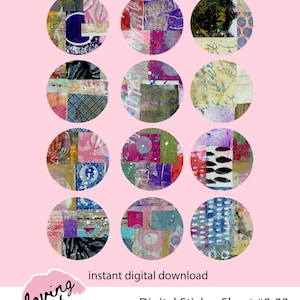 Digital Sticker Set #8-22   2.5 Circles Mixed Media Round Art Digital Stickers Set of 12 Digital Printable Artsy