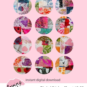 Digital Sticker Set #5-22   2.5 Circles Mixed Media Round Art Digital Stickers Set of 12 Digital Printable Artsy