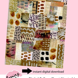 May include: Digital collage sheet with a patchwork design in neutral tones. The collage incorporates diverse textures, such as paper, paint splatters, and handwritten text. The image text reads "Digital Collage Sheet (Neutrals)".
