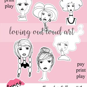 Könnte beinhalten: Fünf Schwarzweiß-Zeichnungen von Frauen Gesichtern mit verschiedenen Frisuren. Der Text "loving out loud art" befindet sich in der Mitte des Bildes. Der Text "Faces for Collage #1" und "1 DIGITAL DOWNLOAD" befinden sich am unteren Rand des Bildes.