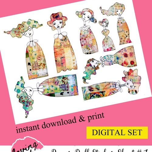 Collage Paper Doll Sticker Set 2 Mixed Media Paper Dolls Etsy